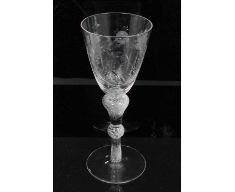 Jacobite style wine glass, 20th century, engraved with a bust portrait of Bonnie Prince Charlie, within laurel leaves, roses 