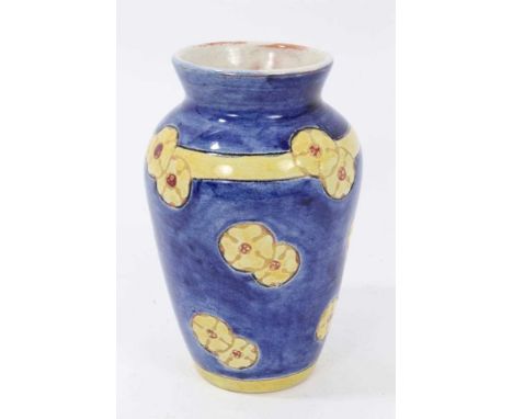 Della Robbia Arts and Crafts pottery vase, c.1900, decorated with yellow and red flowers on a blue ground, marked to base, 14