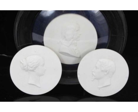Three 19th century Sevres biscuit porcelain round plaques depicting side profile busts, one mounted in glazed frameCondition 
