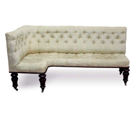 William IV button back country house corner sofa, with silk damask upholstery raised on bulbous fluted legs and castors Condi