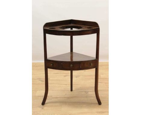 George III mahogany and ebony line inlaid corner washstand, with rear gallery and apertures, lower tier with drawer on splaye