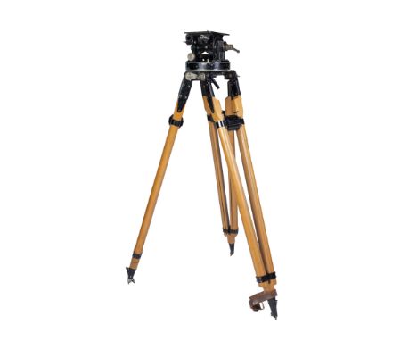 A Large Wooden Tripod,to hold a substantion 35mm motion picture camera, possiably by Arri, closed length 122cm