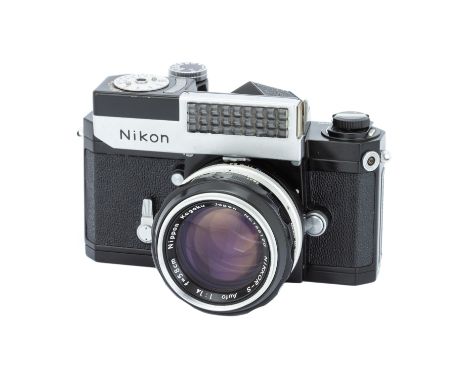 A Nikon F SLR Camera,1962, black, serial no. 6472700, with Nikon Nikkor-S f/1.4 58mm lens, black, serial no. 166120, body, VG