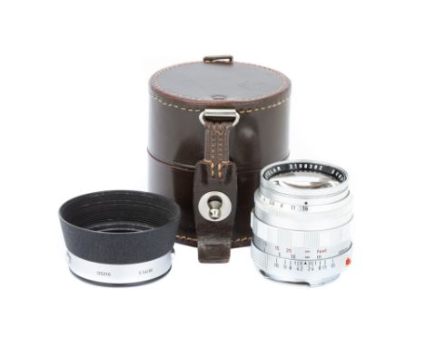 A Leitz Summilux f/1.4 50mm Lens,1966, chrome, serial no. 2198382, body, G-VG, elements, VG-E, some very light internal haze,