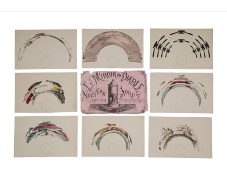 A Set of Eight Anamorphic Pictures by E Panther,French, c.1880, each print indicating the position o the cylindrical mirror (