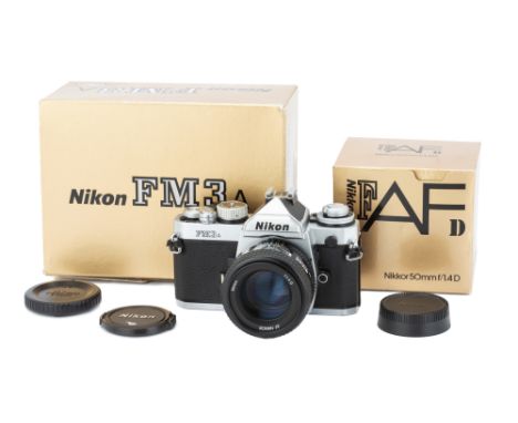 A Nikon FM3a SLR Camera,2001, chrome, serial no. 284609, with Nikon AF Nikkor D f/1.4 50mm lens, black, serial no. 4530896, b