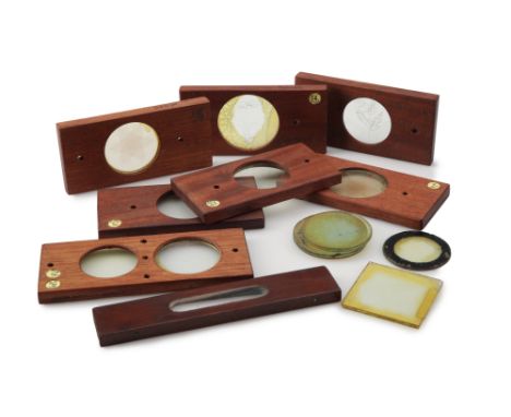 A Collection of Polariscope Selenite Slides,English, c.1890, unsigned, in mahogany frames, images include an elaborate six-po