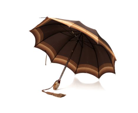 A Coronet Midget Umbrella Camera,1935-36, brown, attached to a ladies parasol, brown in colour with tartan design to rim, one