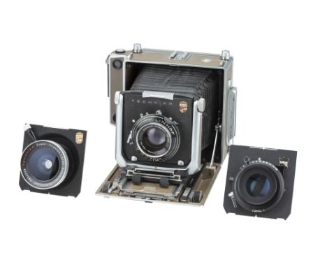 A Linhof Master Technika 5x4" Large Format Camera,1972, brown, serial no. 77833, with Linhof Technika Schneider Symmar f/5.6 