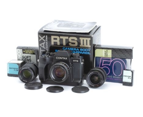 A Contax RTS III SLR Camera Outfit,1990, black, serial no. 028714, with Carl Zeiss Planar T* f/1.4 50mm lens, black, serial n