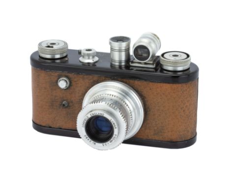 A Corfield Periflex Original Camera,1953, black with pigskin, serial no. 1985, with Corfield Lumar f/3.5 50mm lens, chrome, s