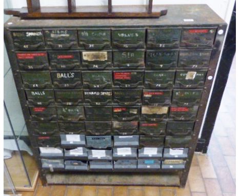 ENGINEERS DRAWERS. Metal engineers drawers with thirty nine original metal drawers, fifteen plastic drawers and lower shelf, 