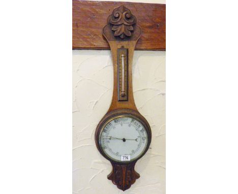 OAK BAROMETER. Antique oak barometer with ceramic dial