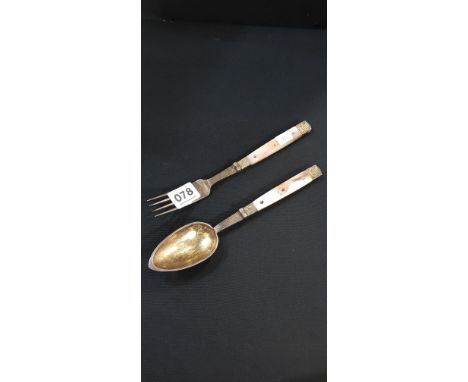 GILDED SILVER &amp; MOTHER OF PEARL MILITARY SPOON AND FORK