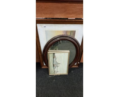 2 ANTIQUE PRINTS, VINTAGE MIRROR AND HMS BELFAST OIL