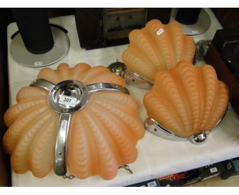 Art Deco pink shell design ceiling light bowl with chrome mounts & 2 matching wall lights