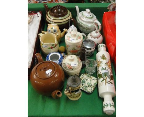 Various novelty teapots, a Portmeirion rolling pin, etc.