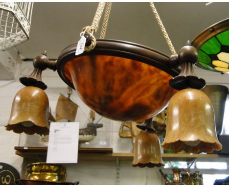 An Art Nouveau alabaster ceiling light bowl with 3 shades