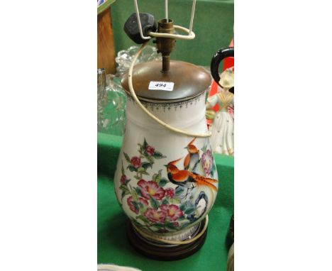 A Chinese vase converted to a table lamp with bird and floral decoration.