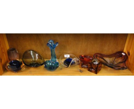 Art glass dishes, vases and a 1970s table lighter.