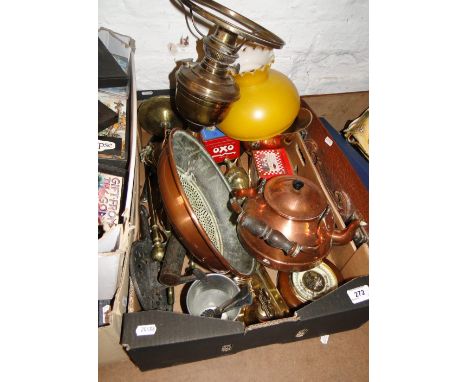 A Copper sieve, kettle, oil lamp etc