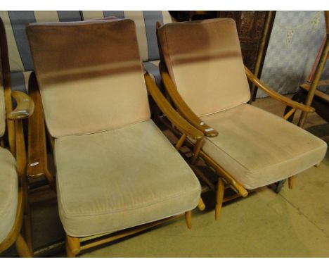 Pair of Ercol "Bergere" light elm armchairs, with loose cushions, no. 442, circa 1965