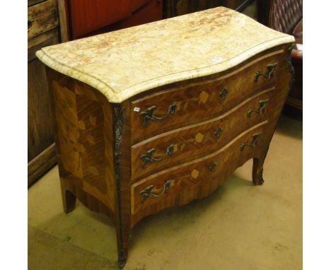 A walnut and kingwood serpentine front commode, with a shaped marble top, 3 long drawers and ormolu mounts, width 3'.