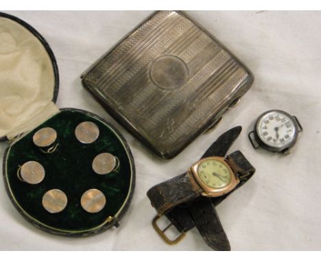 Engraved silver cigarette box, cased set of 6 silver studs and an Edwardian silver watch case and a gent's Vintage Walker 9ct