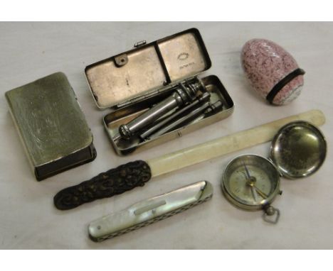 A First World War Medical Kit, a paper knife, a Victorian enamelled egg design box, a compass, etc.