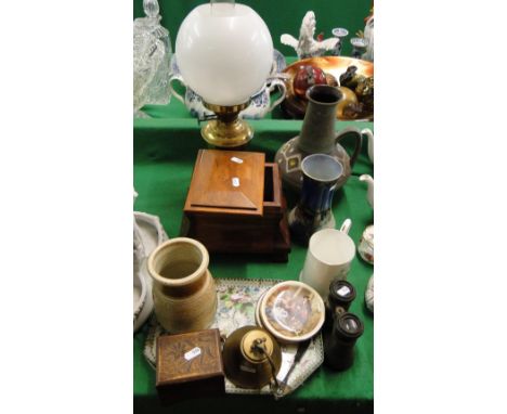 A mahogany box, an oil lamp, thimbles, a Fielding's lustre vase, etc.