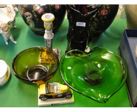 An Art glass vase, 2 bowls, Carltonware car and a Faience candlestick.