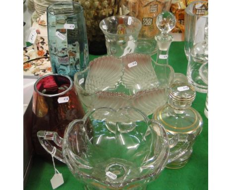 A Chippendale glass bowl, another, and various vases and decanters.