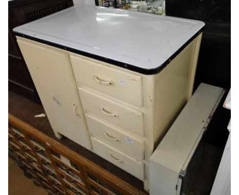 A Vintage zinc top kitchen cabinet with drawer and cupboards and a Vintage mirror fronted bathroom cabinet, (2).