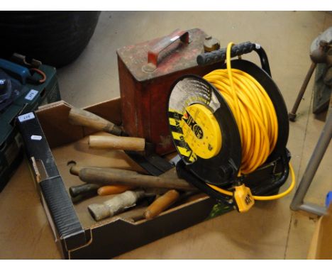 A long reach pruner, Vintage petrol can, gardening tools, extension lead, etc.