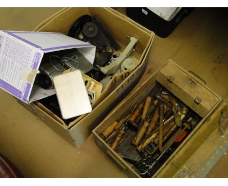 Box of woodworking tools, Pathescope camera & equipment