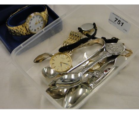 A lady's Medina wristwatch with a 9ct gold strap, silver sugar tongs, 2 Rotary wristwatches, another and plated teaspoons.