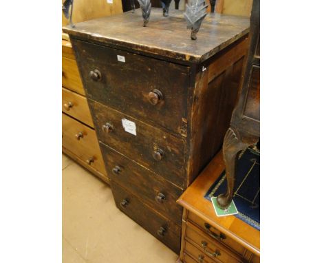 A Vintage stained pine 4-drawer tall chest, with turned wood handles.