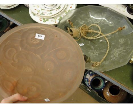 2 Art Deco moulded glass ceiling light bowls with floral designs