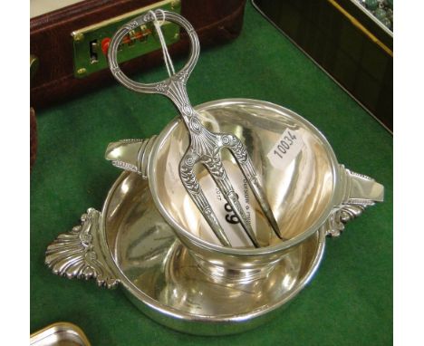 A sterling silver quaiche with Birmingham hallmarks, an EPS bread fork and a Mappin & Webb plated coaster, (3).