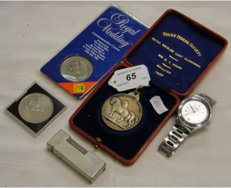 A cased Shire Horse Society medal 1920, wristwatch, a Dunhill lighter, etc.
