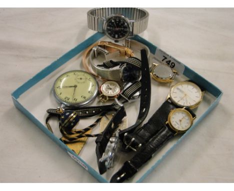 2 Vintage black faced Timex wristwatches, various other watches, pocket watch.