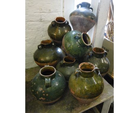 9 Vintage terracotta glazed confit 2-handled jars.