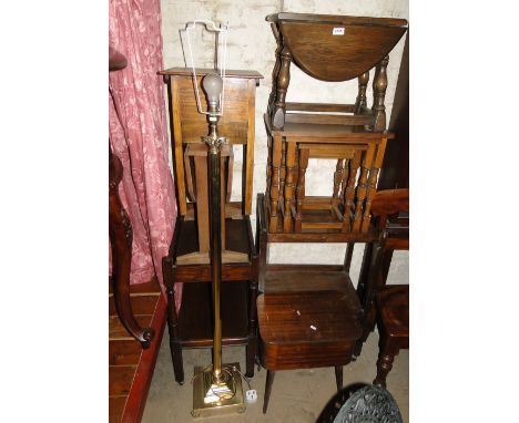 Oak nest of tables, trolley, brass standard lamp, sewing cabinets, etc
