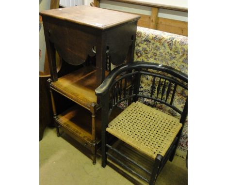 A Georgian mahogany commode, a reproduction 2-tier mahogany stand and a corner elbow chair with rush seat.