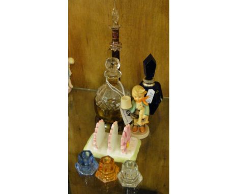Blue glass perfume bottle and 2 others, a Hummel figure, etc.