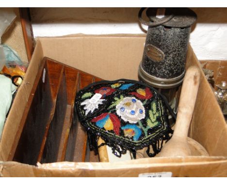 A Beadwork evening purse, miners lamp, letter rack etc