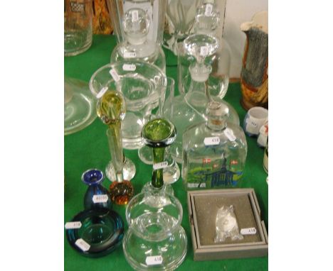A pair of decanters and 2 others, a boxed Orrefors Viking figure, glass vases, etc.