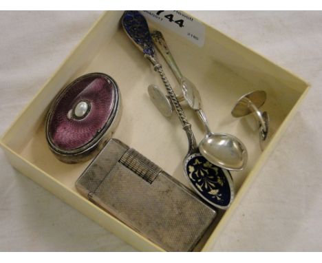 Silver and enamelled spoons, silver and enamelled pillbox, lighter, etc.