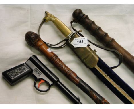 Turned wood truncheon, a pistol, a walking stick & a reproduction sword in scabbard