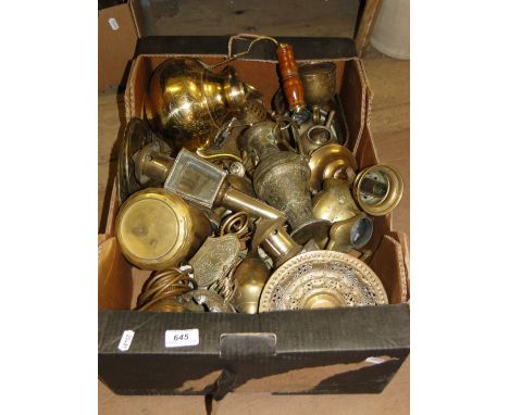 Brass lantern, kettle, candlesticks, etc.